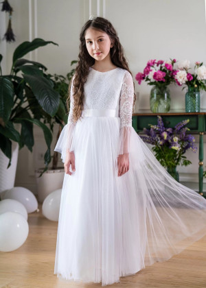 Bell Sleeves White Lace Tulle Flower Girl Dress